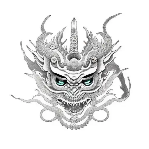 mascara de oni con una cuerda peleandose con un dragon, al dragon solo se le ve la cara, old school tattoo design idea