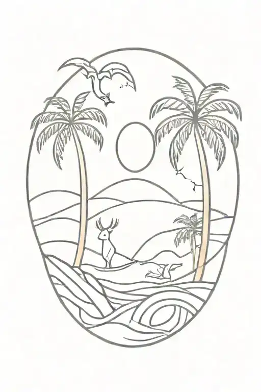 wave, lines, palm trees, taurus, sagittarius, sun tattoo design idea
