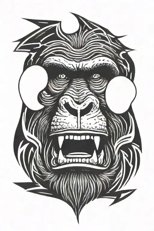 portrait from face of raging gorilla. mouth wide open. staring straight front. thin lines tattoo design idea