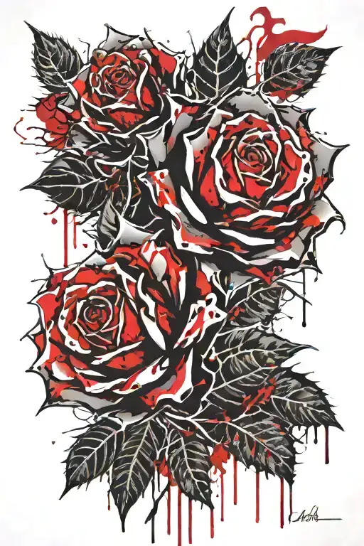 bleeding wilting black rose with thorns tattoo design idea