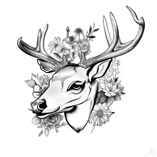 deer skull in flower tattoo design idea