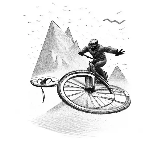 A black-grey tattoo of a mountain bike jumping over a barbed wire obstacle tattoo design idea