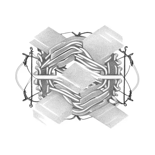 A detailed illustration of a bicycle chain wrapped around a barbed wire fence tattoo design idea