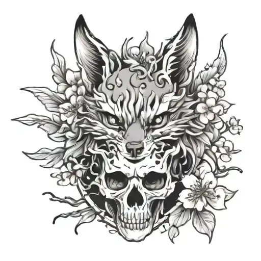 full bodied Nine-Tailed Fox in front of cherry blossom tree growing out of a skull tattoo design idea