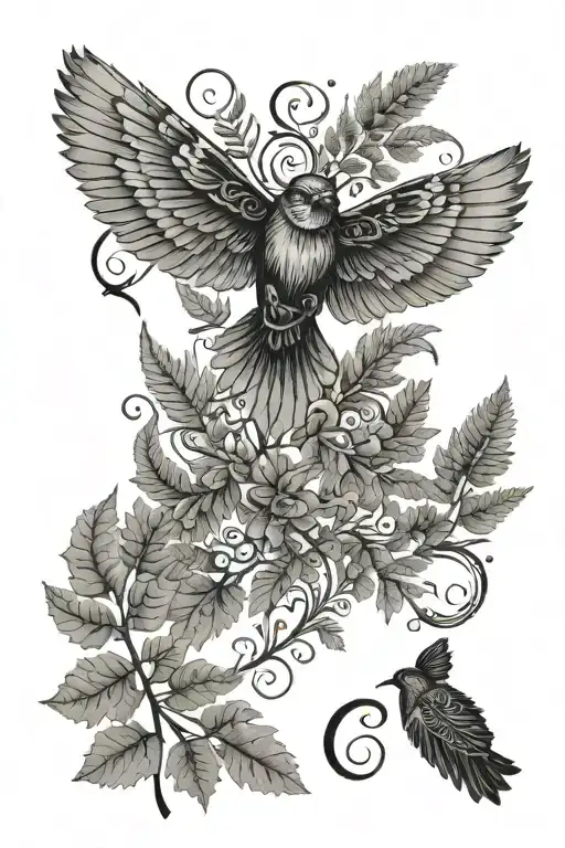 Nordic style fern leaves with moth and runes and ravens tattoo design idea