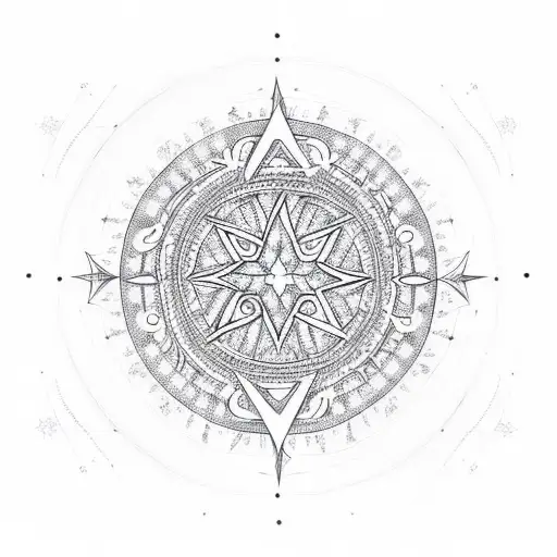 A sketch-style design of a basketball hoop with intricate dotwork patterns representing the stars in the sky, surrounded by religious symbols tattoo design idea