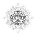 A sketch-style design of a basketball hoop with intricate dotwork patterns representing the stars in the sky, surrounded by religious symbols tattoo design idea