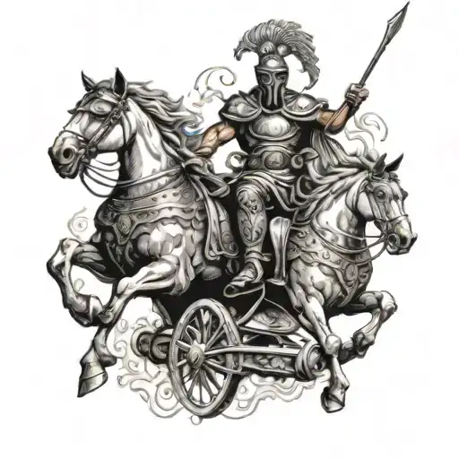Ares riding a chariot pulled by fiery horses tattoo design idea
