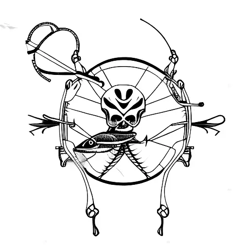 skeleton in fishing gear catching a marlin tattoo design idea