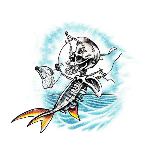 skeleton in fishing gear catching a marlin tattoo design idea