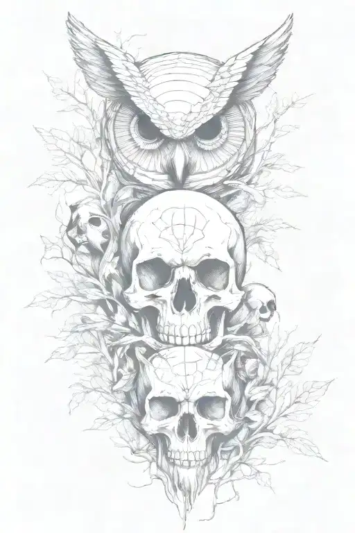 Skulls, a dark forest, OWL and hands tattoo design idea