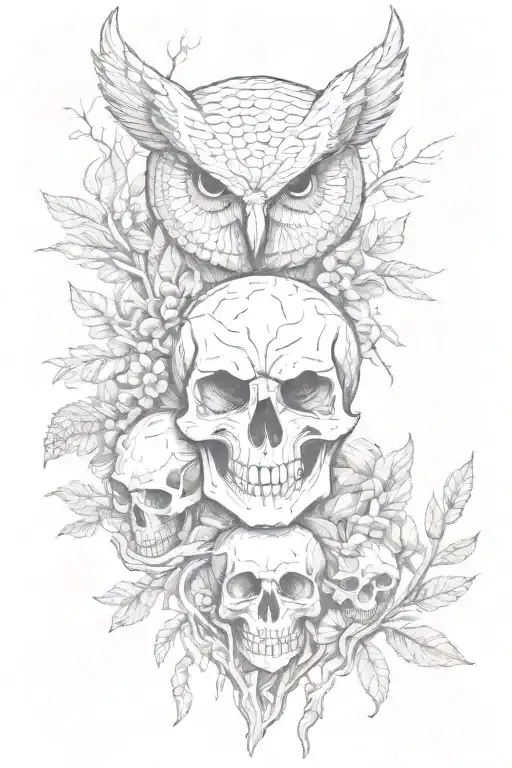 Skulls, a dark forest, OWL and hands tattoo design idea