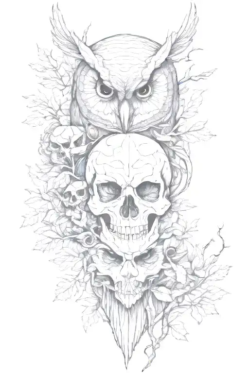Skulls, a dark forest, OWL and hands tattoo design idea