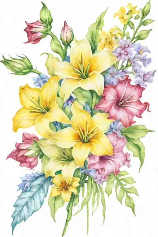 long stem bouquet of morning glories, gladiolus flowers, daffodils, and asters tattoo design idea