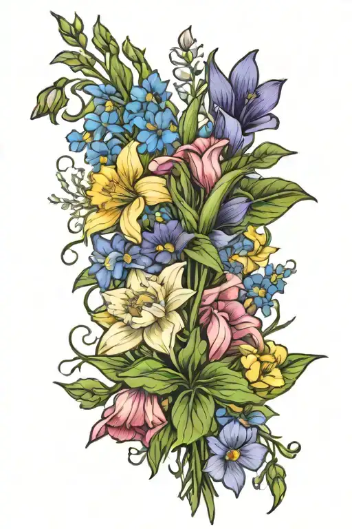 stem bouquet of daffodils, gladiolus, morning glories, and asters tattoo design idea