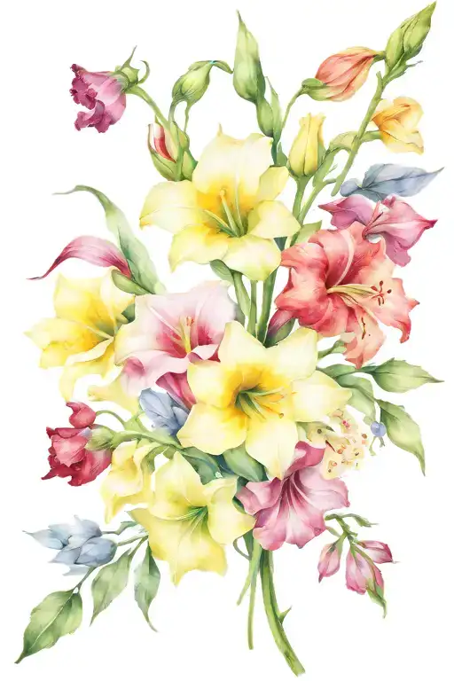 long stem bouquet of morning glories, gladiolus flowers, daffodils, and asters tattoo design idea
