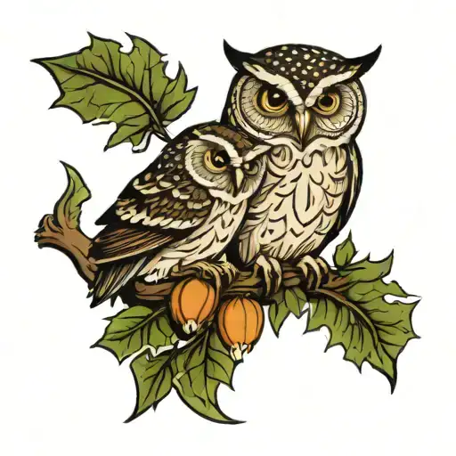 mother owl cuddling her baby owl surrounded by oak leaves and acorns tattoo design idea