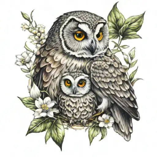 mother owl cuddling baby owl surrounded by wild flowers tattoo design idea