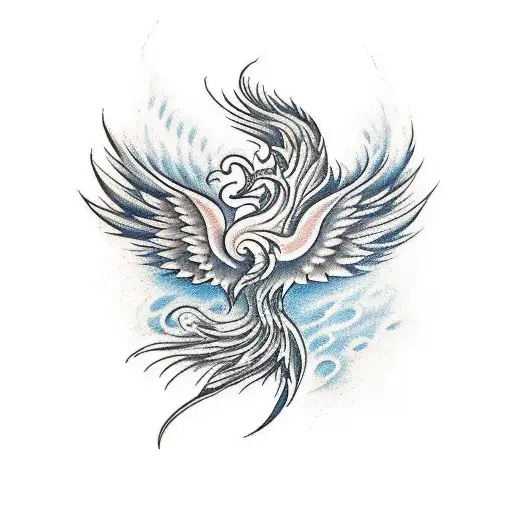 A traditional style tattoo of a phoenix rising from a pool of water, with musical notes incorporated into its wings tattoo design idea