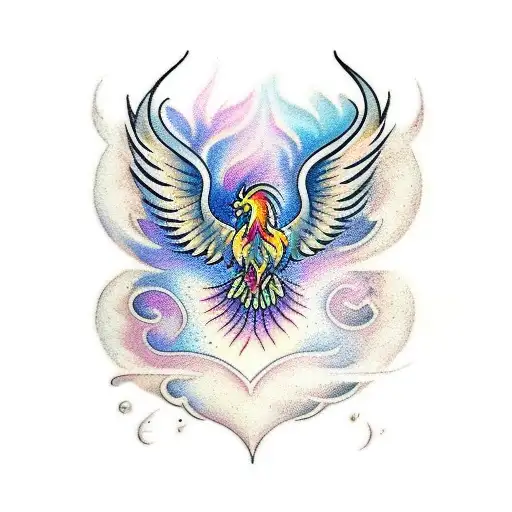 A traditional style tattoo of a phoenix rising from a pool of water, with musical notes incorporated into its wings tattoo design idea