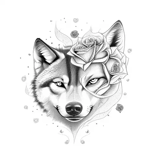 A background of roses and a wolf intertwined, with dollar signs hidden in the design tattoo design idea