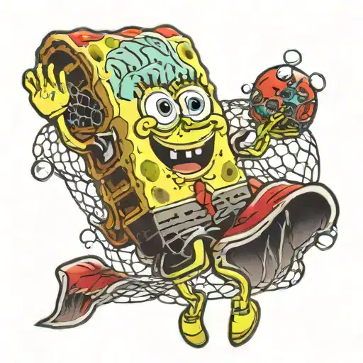 spongebob with a jellyfish net chasing a jellyfish  tattoo design idea