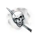 A knight's hand, holding a sword, with the sword through a skull, and the skull is missing it's jaw. tattoo design idea