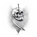 A knight's hand, holding a sword, with the sword through a skull, and the skull is missing it's jaw. tattoo design idea
