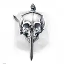 A knight's hand, holding a sword, with the sword through a skull, and the skull is missing it's jaw. tattoo design idea