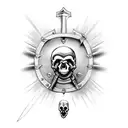 A knight's hand, holding a sword, with the sword through a skull, and the skull is missing it's jaw. tattoo design idea