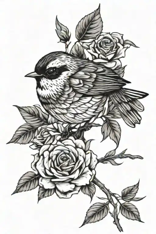 fantail bird pirched on rose stem with 3 flowers tattoo design idea