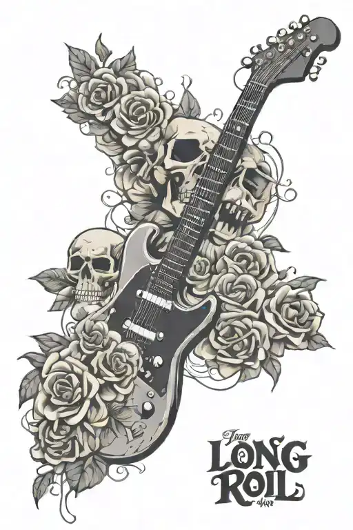 electric guitar, skull and flowers background, two lines "LONG LIVE ROCK&ROLL" and "LONG LIVE THE BUBBLES" tattoo design idea