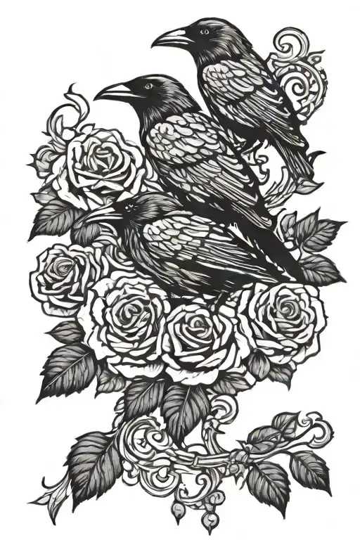 raven and lace with roses intertwined tattoo design idea