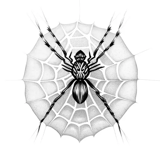 An intricate spiderweb with a spider hanging from a branch tattoo design idea
