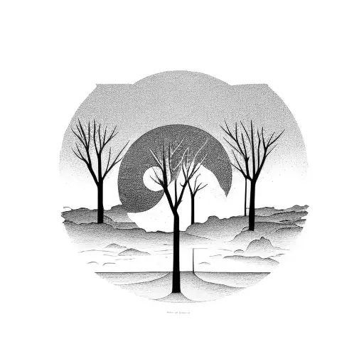 A forest with a mystical moon shining through the trees tattoo design idea