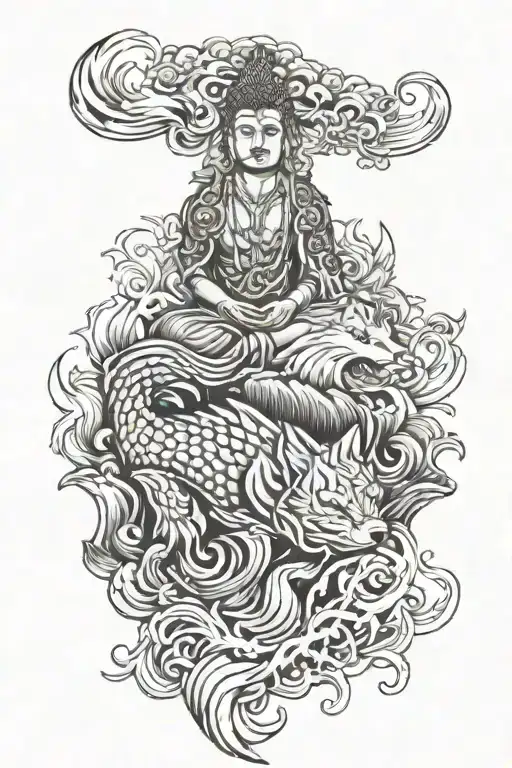 wolf koi fish Buddha face tattoo design featuring iconic landmarks tattoo design idea