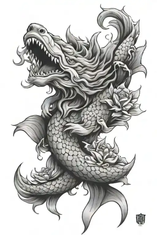 wolf koi fish Buddha face tattoo design idea
