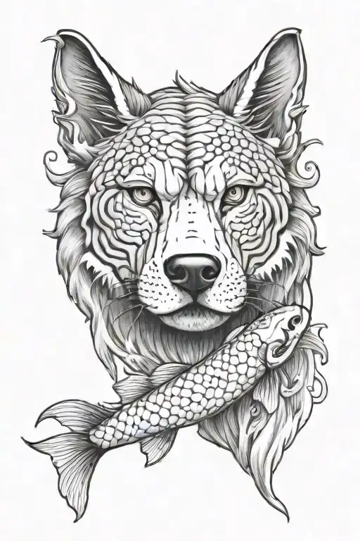 wolf koi fish Buddha face tattoo design featuring tattoo design idea