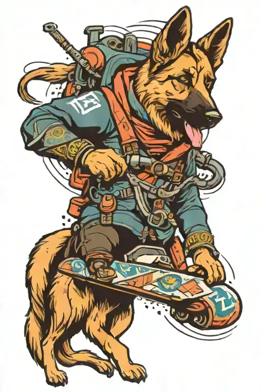 snowboarding, motocross, legend of zelda, long coat German shepherd, on a sleeve  tattoo design idea