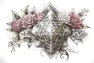 Metatrons cube fading into a bouquet of flowers tattoo design idea
