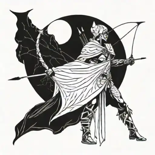 tattoo concept art of an otherworldly archer with a beautiful cape preparing to shoot his bow in 2D. side view, cape is  tattoo design idea
