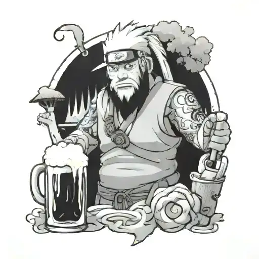 A black and grey tattoo of Konoha village from Naruto, with Jiraiya standing in the foreground holding a beer mug and wine glass tattoo design idea