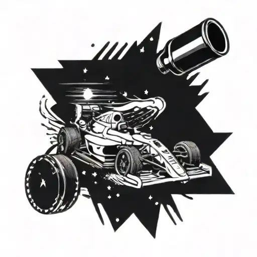 A blackwork tattoo featuring a Formula 1 car speeding through a starry night sky, with a beer bottle and wine glass subtly included in the background tattoo design idea