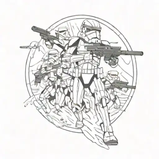 A sketch style tattoo of Captain Rex from Star Wars leading a group of clone troopers through a sea battle scene inspired by The Clone Wars series tattoo design idea