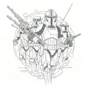 A sketch style tattoo of Captain Rex from Star Wars leading a group of clone troopers through a sea battle scene inspired by The Clone Wars series tattoo design idea