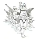 A sketch style tattoo of Captain Rex from Star Wars leading a group of clone troopers through a sea battle scene inspired by The Clone Wars series tattoo design idea