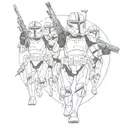 A sketch style tattoo of Captain Rex from Star Wars leading a group of clone troopers through a sea battle scene inspired by The Clone Wars series tattoo design idea