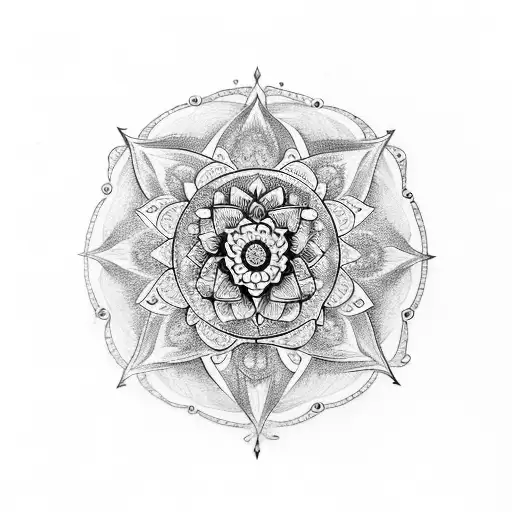 Symbolic tattoo integrating Mandala with blooming lotus , Sudarshan Chakra, and stylized trident tattoo design idea