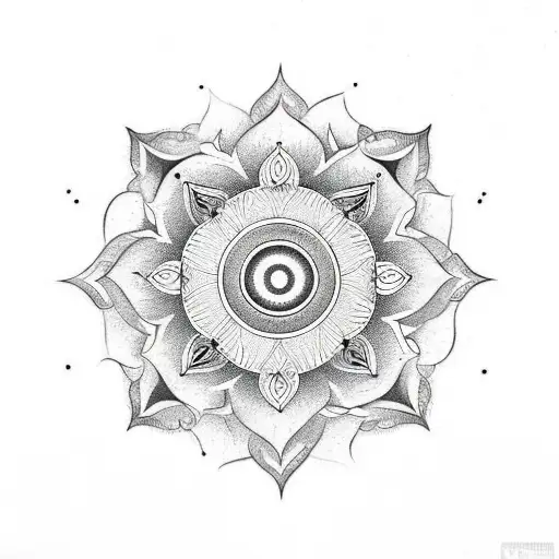 Symbolic tattoo integrating Mandala with blooming lotus , Sudarshan Chakra, and stylized trident tattoo design idea