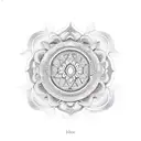 Symbolic tattoo integrating Mandala with blooming lotus , Sudarshan Chakra, and stylized trident tattoo design idea